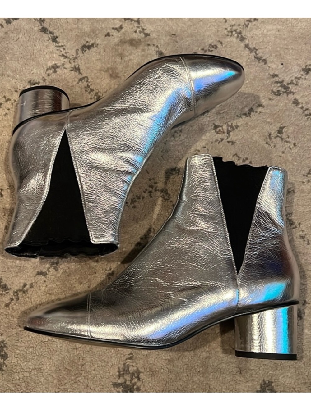 Rebecca Minkoff Silver Metallic Retro Space Age Block Heel Booties 7.5